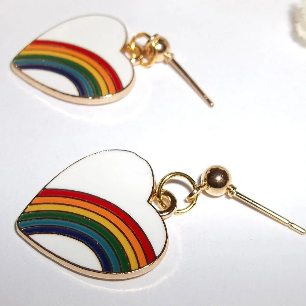 Rainbow Earring White Heart Gold Post Costume Jewelry Set Pair Dangle Pride C884 - Picture 4 of 6